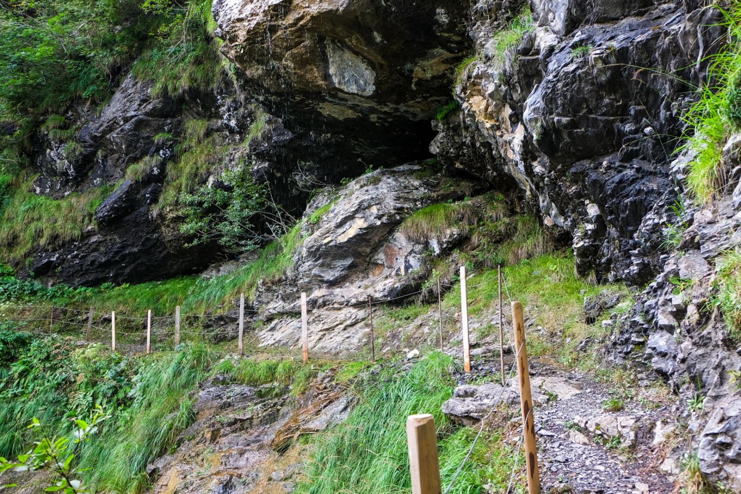 Le Schiessibach se déverse par-dessus les rochers et laisse une trace humide sur le chemin.