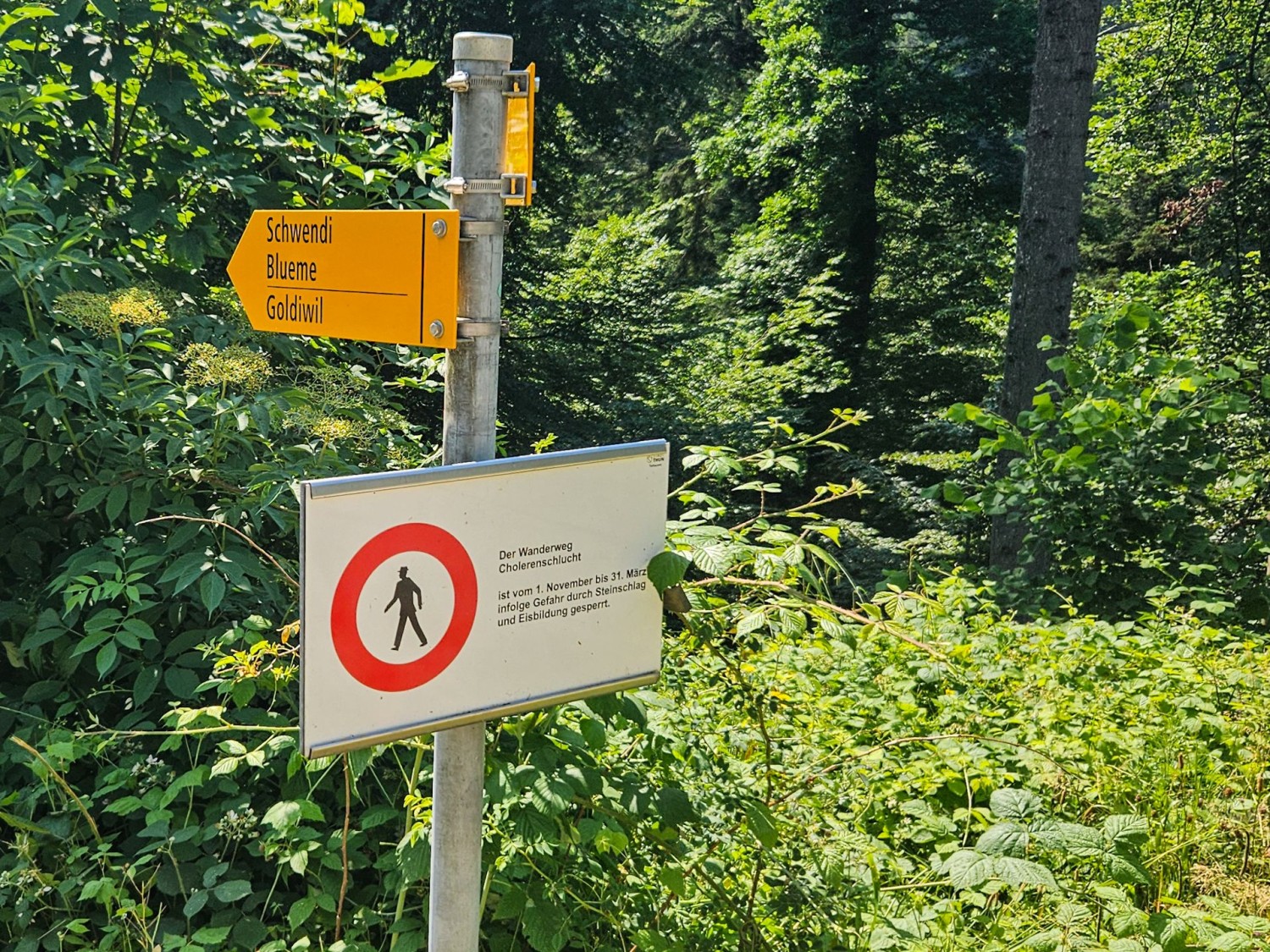 Ein Schild weisst auf die Öffnungszeiten der Schlucht hin – sie ist von Anfang April bis Ende Oktober geöffnet.