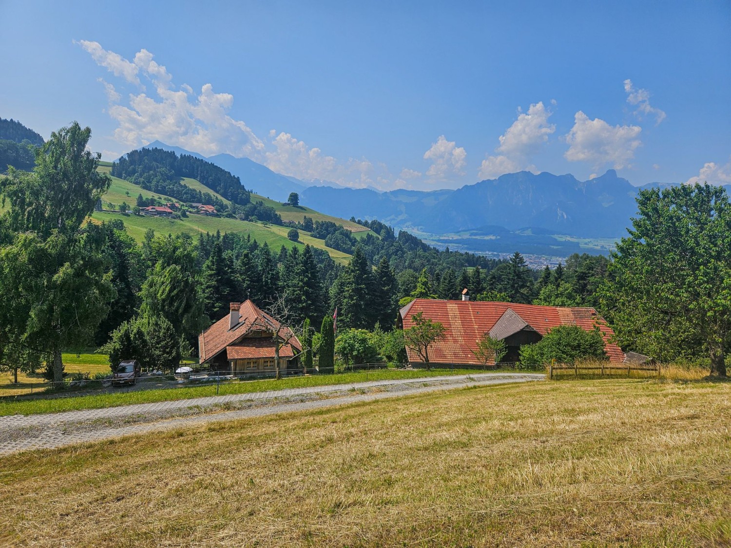 Die Wanderung führt an Bauernhöfen und Weiden vorbei.