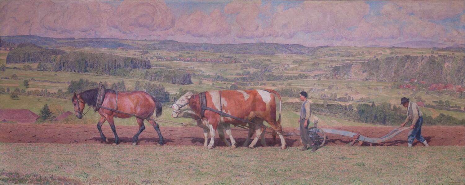 «Labour dans le Jorat», l’une des œuvres majeures d’Eugène Burnand. Sur la droite du tableau, on reconnaît le petit village de Syens.