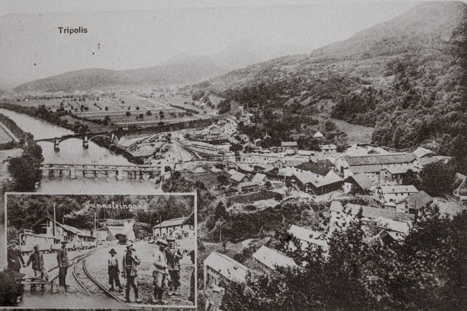 An Tripolis, das einstige Tunneldorf bei Trimbach, erinnert heute nur noch ein Strassenname und die historische Aufnahme am Bahnlehrpfad. Bild: Iris Kürschner