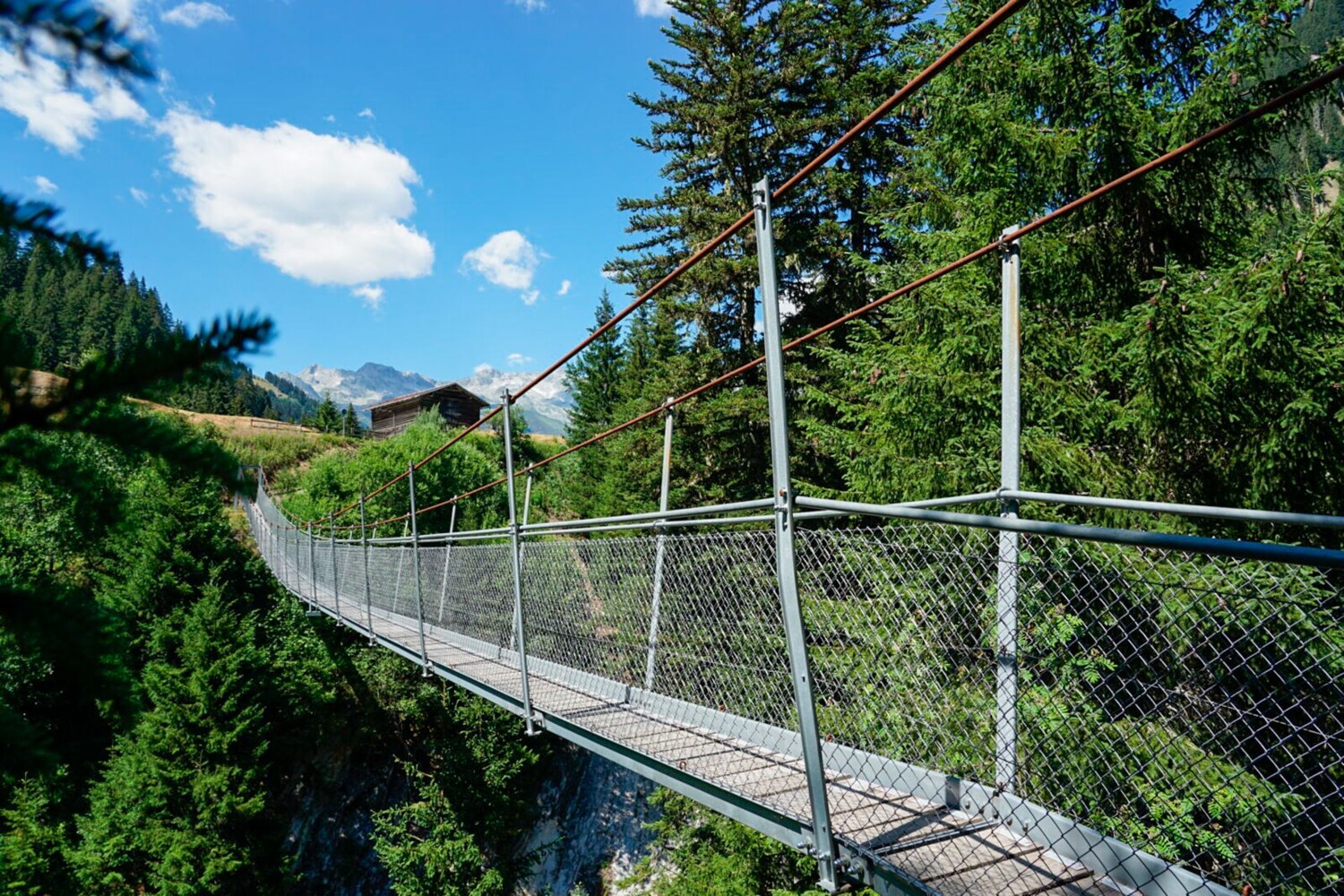 Le Punt pendenta, un pont suspendu au-dessus d’un ruisseau latéral du Rein da Sumvitg.