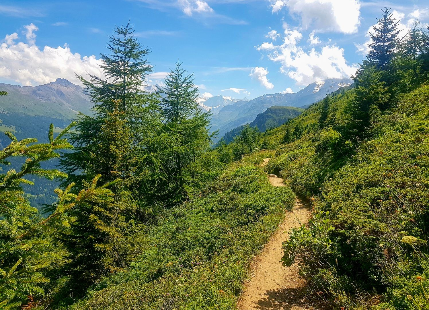 Etwas überlaufen, aber schön: Kurz nach Thyon blickt man auf dem Panoramaweg zu den Walliser Viertausendern.