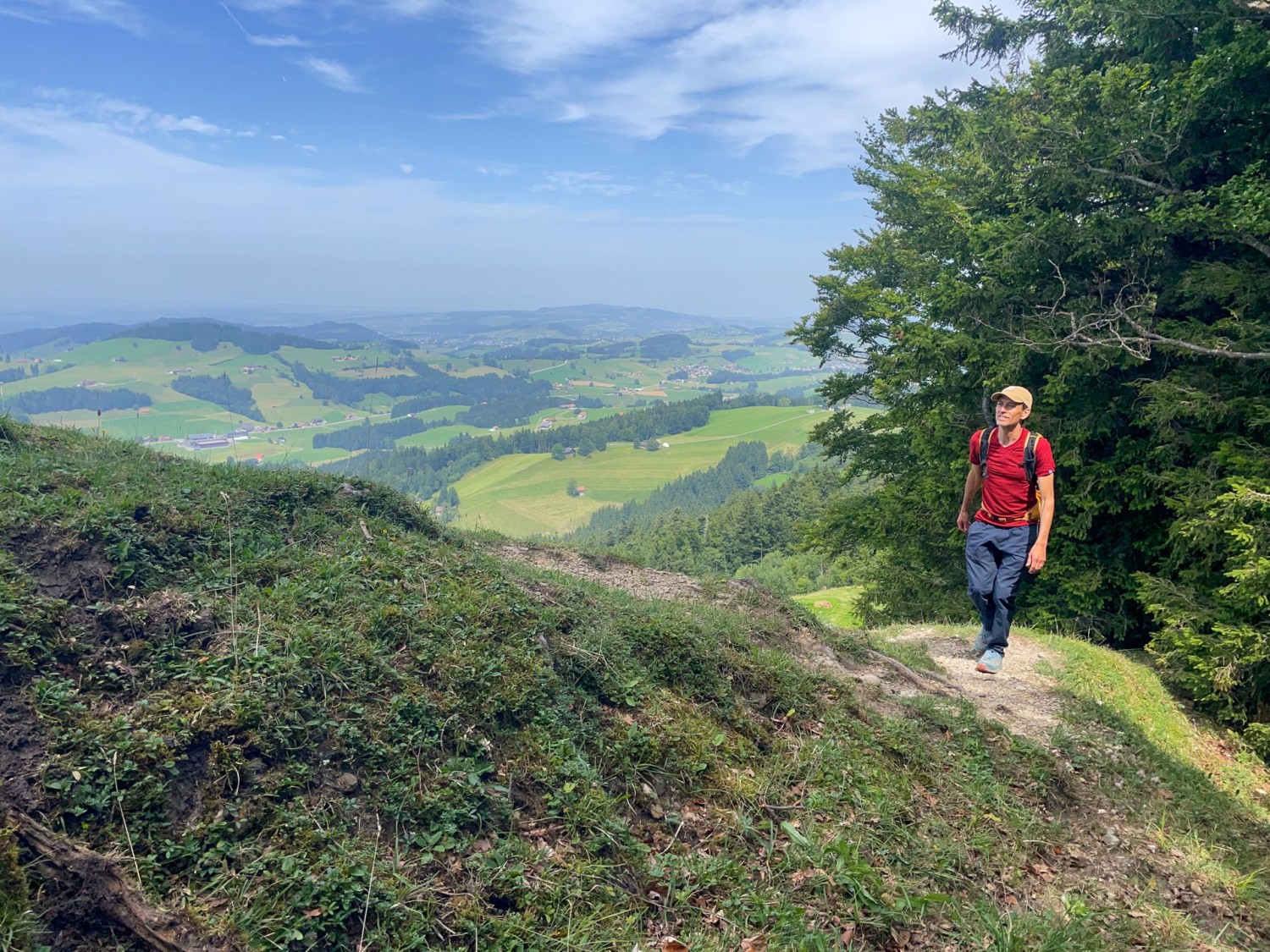 Bald ist der Hochhamm erreicht. Im Tal unten sanfte Hügelzüge.