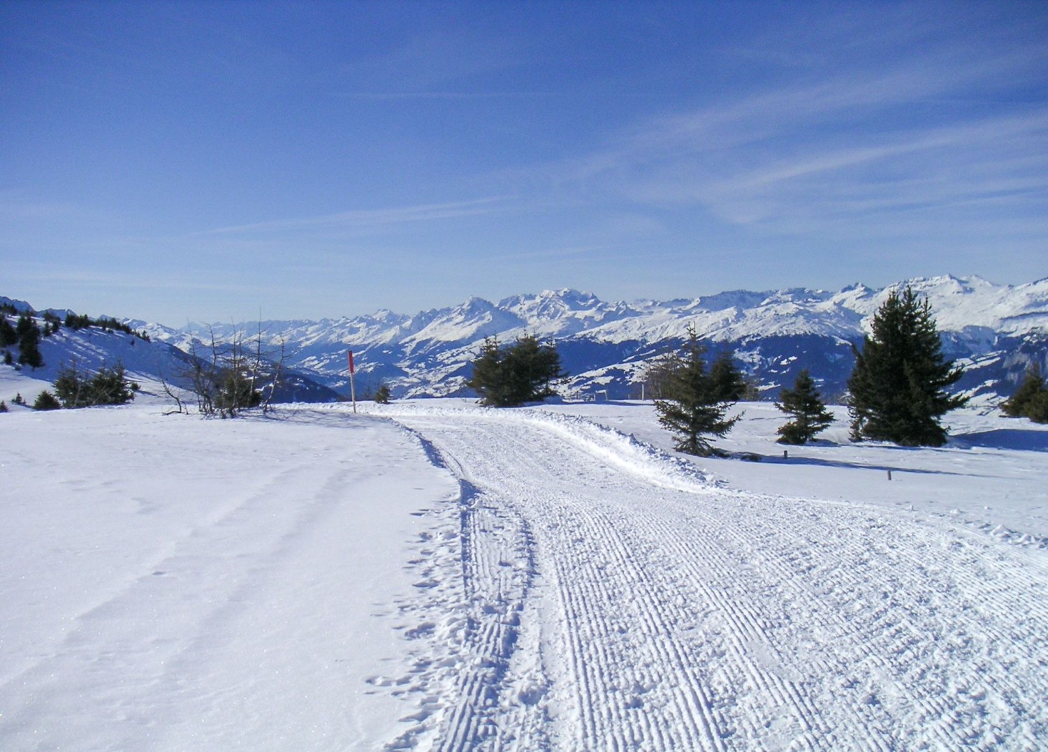 Côté nord du circuit de randonnée panoramique avec vue en direction de la vallée du Rhin antérieur, sur Flims/Laax et les Alpes glaronnaises avec le Tödi